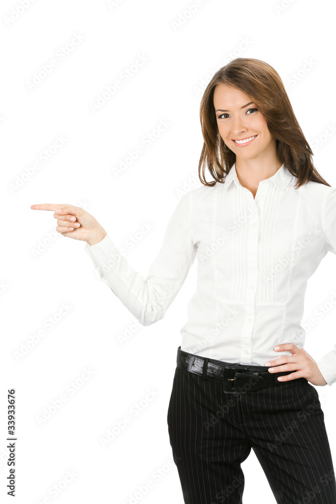 Portrait of business woman showing something, isolated Portrait of business woman showing something, isolated