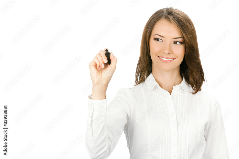 Businesswoman writing or drawing with marker, isolated Businesswoman writing or drawing with marker, isolated