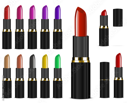 set of colorful color lipsticks isolated on white background