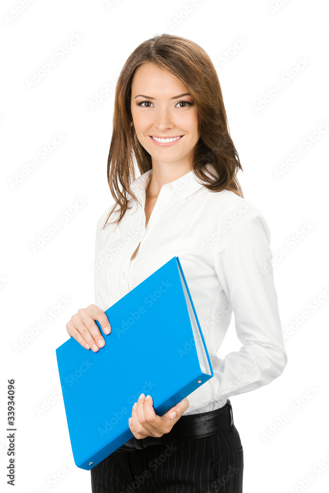 Smiling cheerful businesswoman with blue folder, isolated Smiling cheerful businesswoman with blue folder, isolated