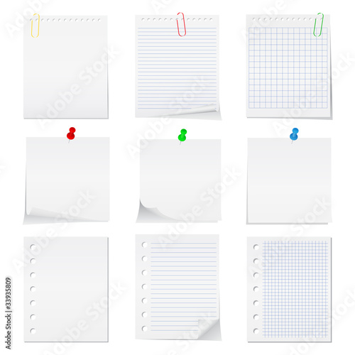 Vector paper notes with push pins and clips