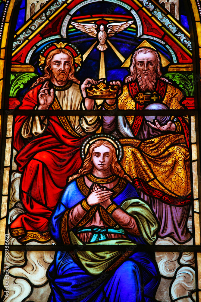 Holy Trinity and Maria stained glass church window