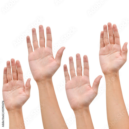Hand raise up on white