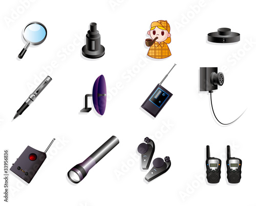 Cartoon detective equipment icon set
