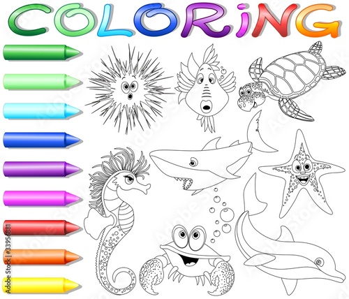 Animali Mare Colori Pastelli-Sea Animals Coloring Book-Vector