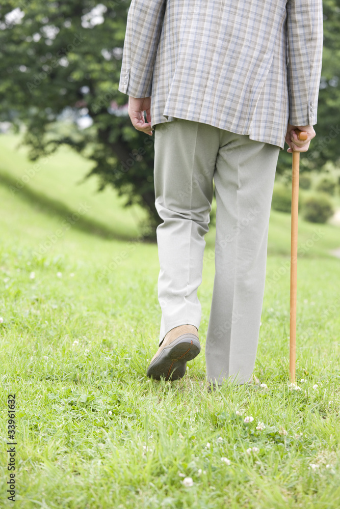 公園を杖をつきながら散歩する老人の後ろ姿 Stock Photo Adobe Stock