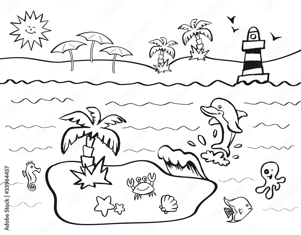 disegno da colorare per bambini con tema vacanze al mare Stock Vector
