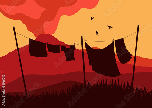 Volcanic eruption in wild nature landscape