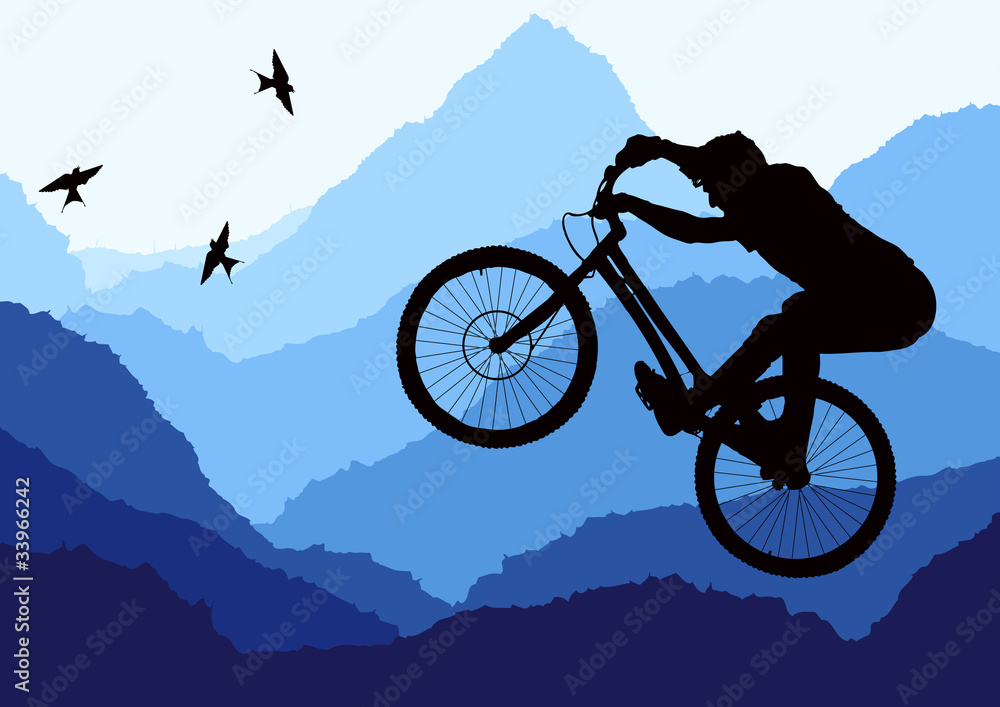 Mountain bike trial rider in wild nature landscape illustration