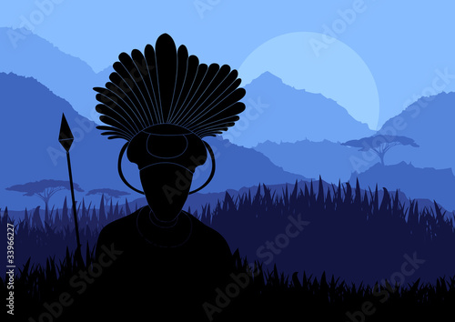 Native african warrior in wild nature