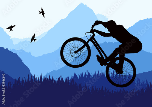 Mountain bike trial rider in wild nature landscape illustration