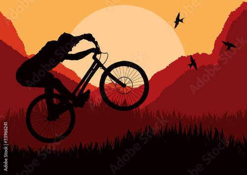 Mountain bike trial rider in wild nature landscape illustration