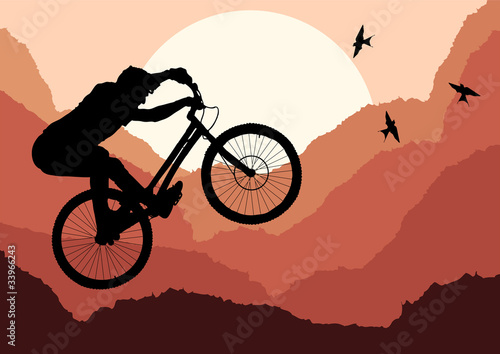 Mountain bike trial rider in wild nature landscape illustration