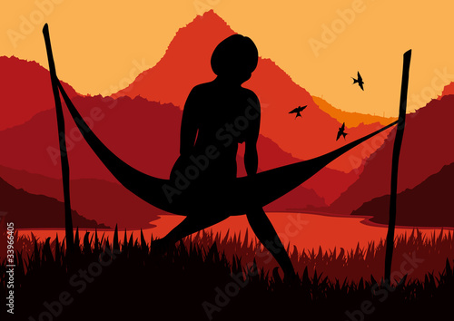 African women lying on a hammock in wild nature
