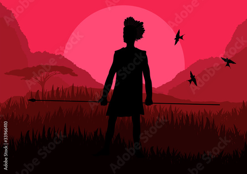 Native african hunter in wild nature landscape