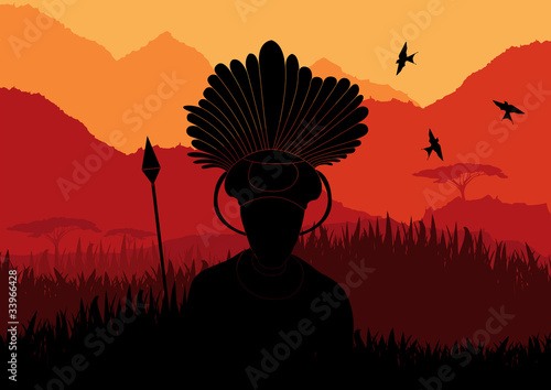 Native african warrior in wild nature landscape