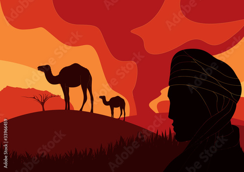 Bedouin with camels in wild africa sand storm foliage