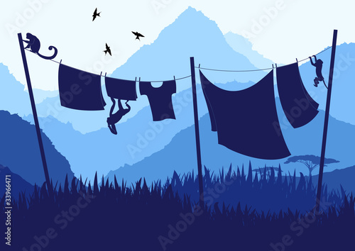 Drying clothes in wild africa landscape