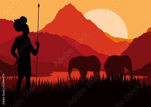 Native african warrior in wild nature landscape