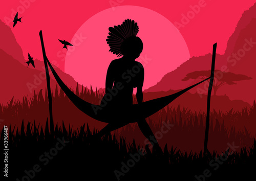 African women lying on a hammock in wild nature landscape