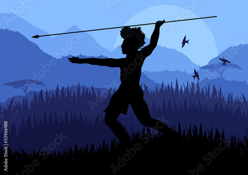 Native african hunter in wild nature landscape