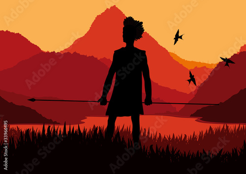 Native african hunter in wild nature landscape