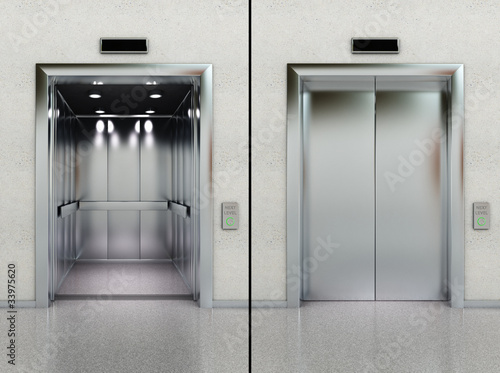 Open and closed elevator in lobby photo