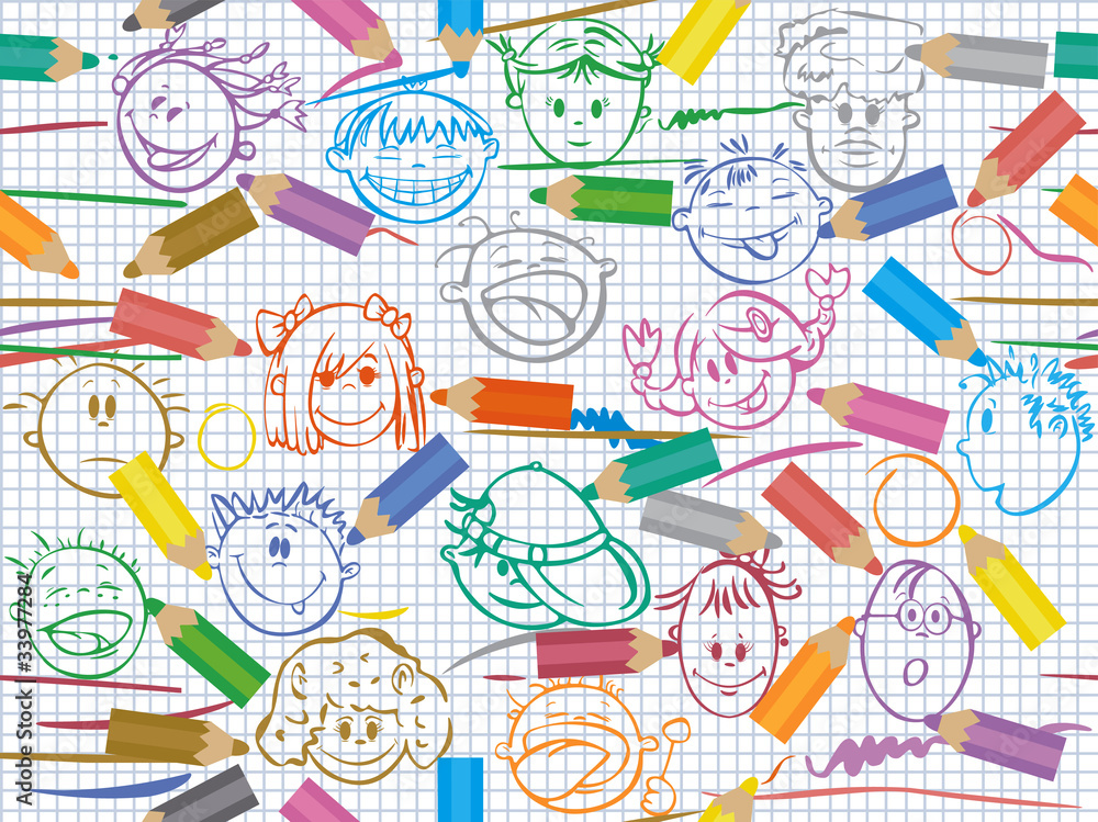 Seamless pattern of color pencils on paper with kid's faces.
