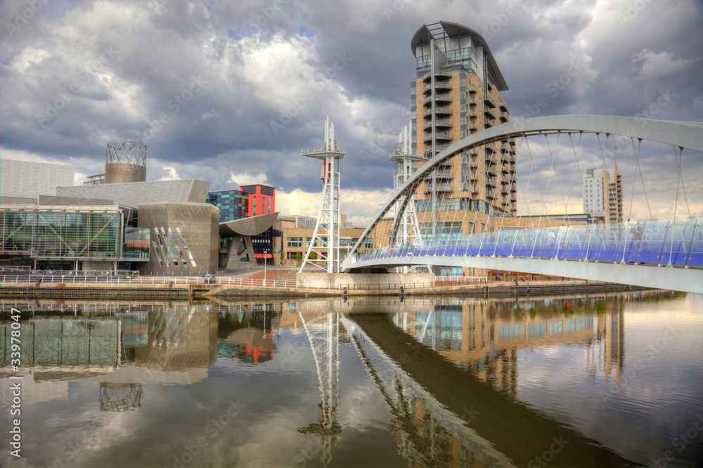 Modern buildings in Manchester at Salford Quay