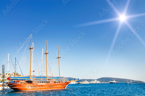 Beautiful yachts at coast Aegean sea.