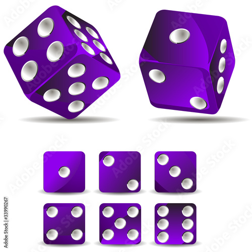 set of purple dices isolated on white background
