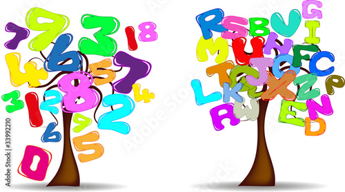 Illustrazione con simpatici alberi con numeri e lettere