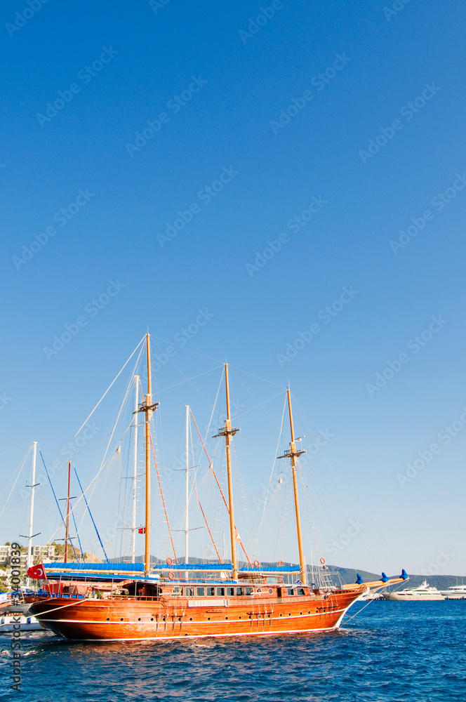 Beautiful yachts at coast Aegean sea.