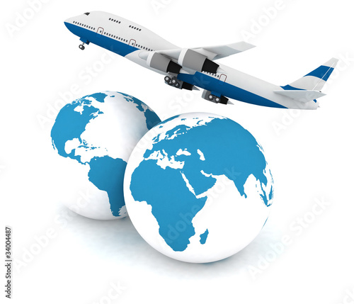 airliner with two globe in the white background