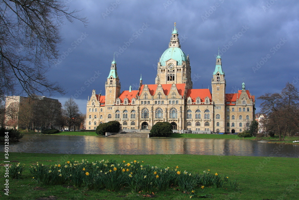 Hannover new town hall after the rain storm, Germany