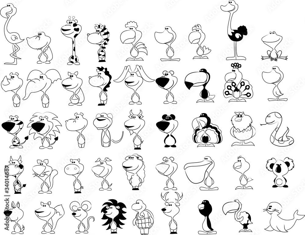 векторный набор различных милых животных, черно-белой окраской