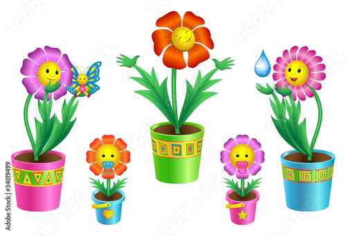 Set of cartoon flowers in pots