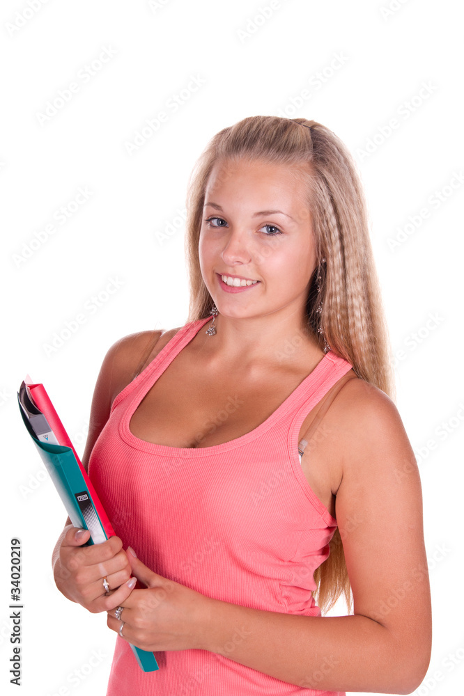 young woman holding colored folders on white background young woman holding colored folders on white background