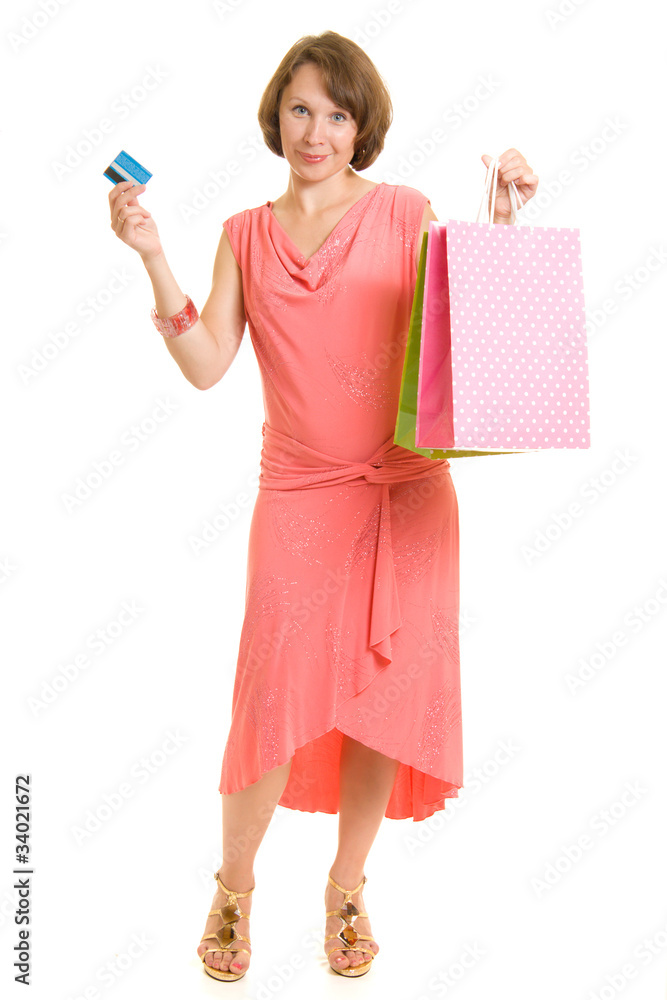 Girl with shopping on white background. Girl with shopping on white background.