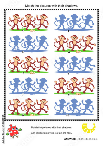 Visual puzzle: Match the pictures with their shadows - monkeys