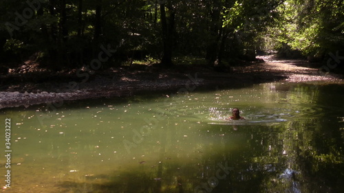 girl swim in the backwaters of mountain stream
