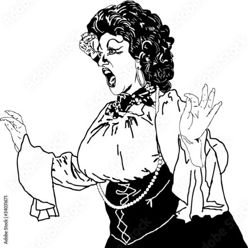 black and white drawing of a woman singing actress whiling away