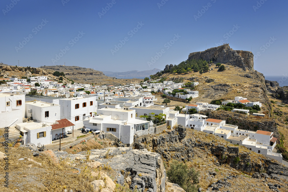 View over iconic town and Acropolis of Lindos