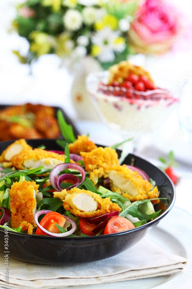 Gourmet salad with curry chicken stripes Gourmet salad with curry chicken stripes