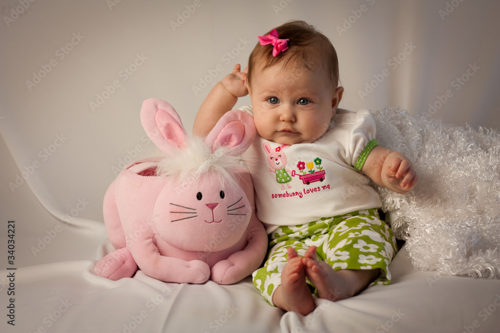 Baby Girl Leaning on Pink Easter Bunny Basket