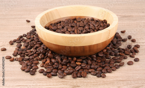 Plate with coffee beans on wooden table