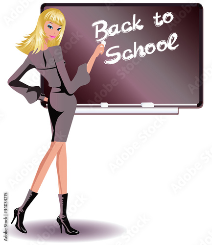 Girl showing a blackboard with the words back to school, vector
