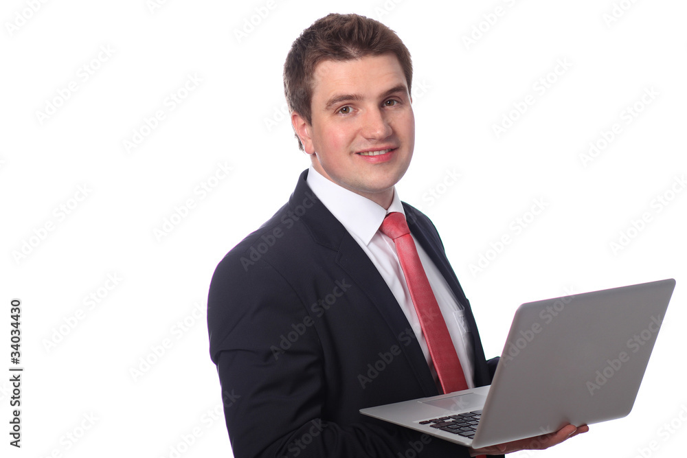 Business man with a laptop isolated over white