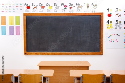 Empty, decorated elementary classroom