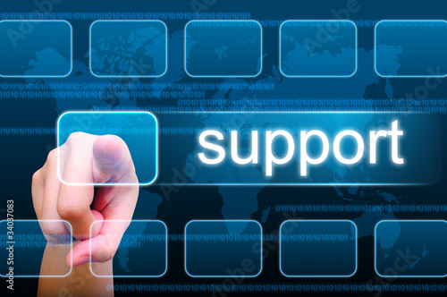 hand pushing support button on a touch screen interface